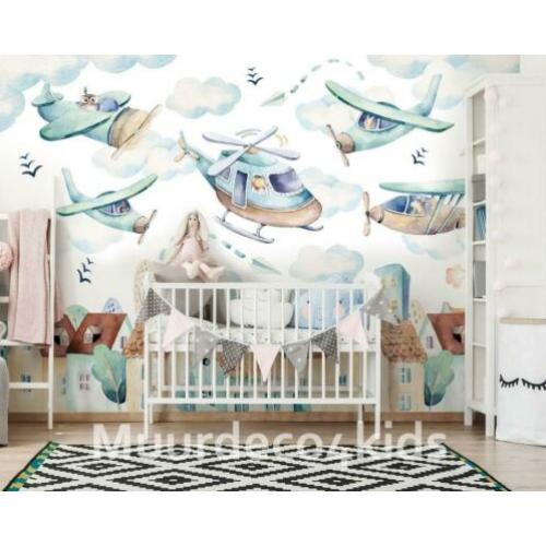 Helikopter en vliegtuig behang I, babykamer, kinderkamer