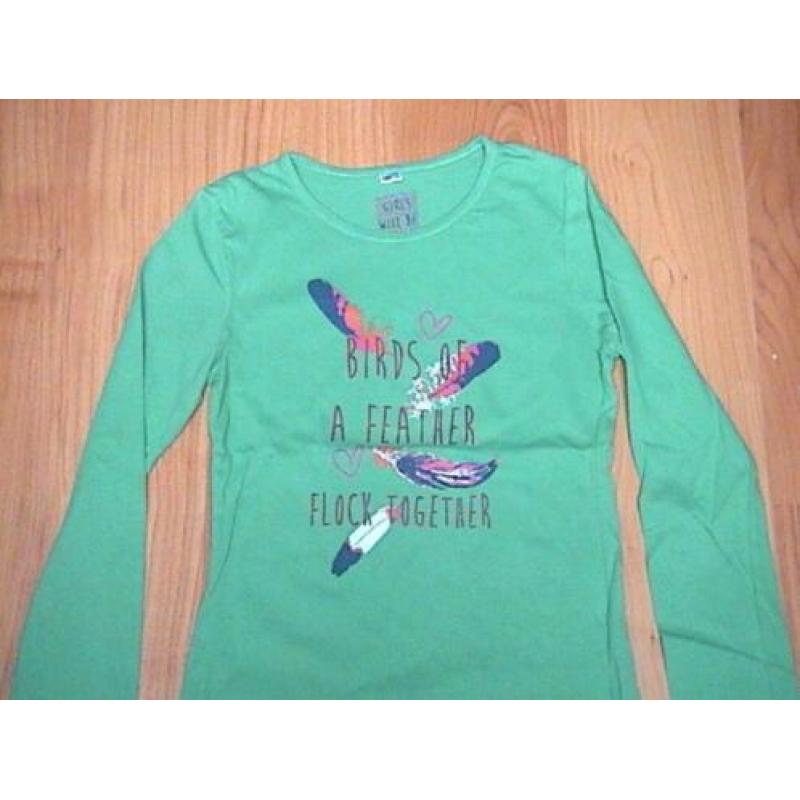 ZGAN groen shirt met opdruk van tekst, hartjes en veren 152