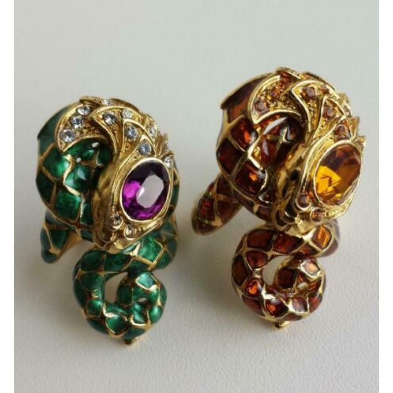 Grote slang ring bruin emaille verguld goud vintage no retro