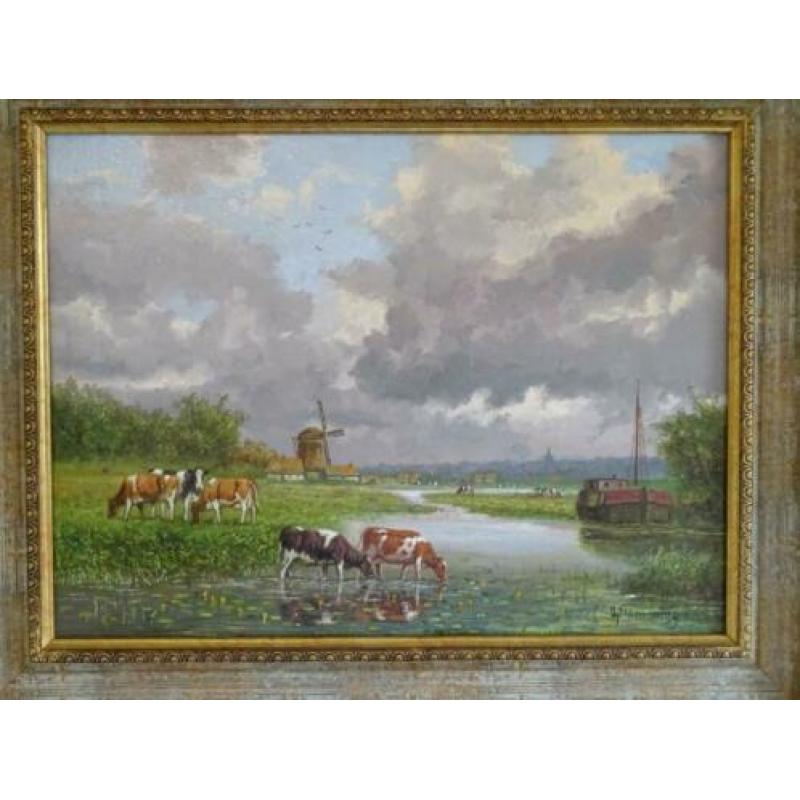 Mooi schilderij koeien aan het water met molen A.J. Temming.