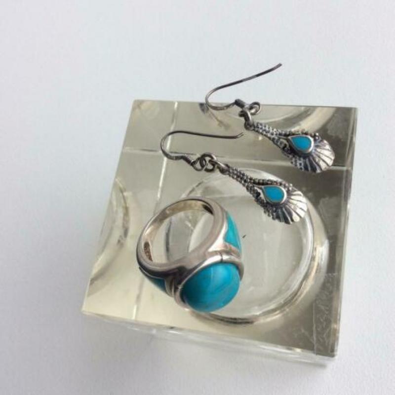 Turcoise ring met oorbellen zilver