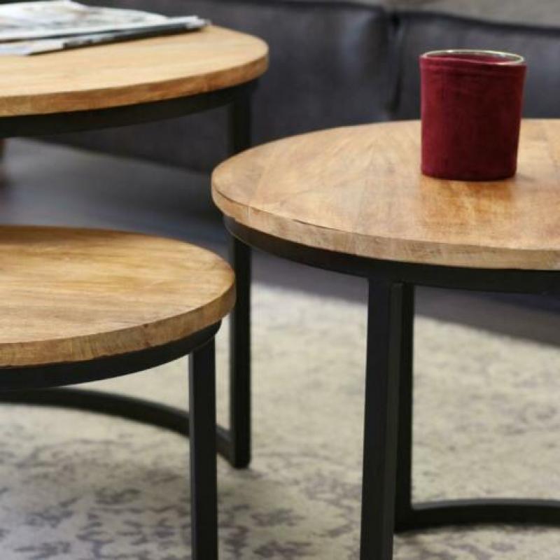 Industriële bijzettafels - Set van 3 tafels. Duurzaam mango