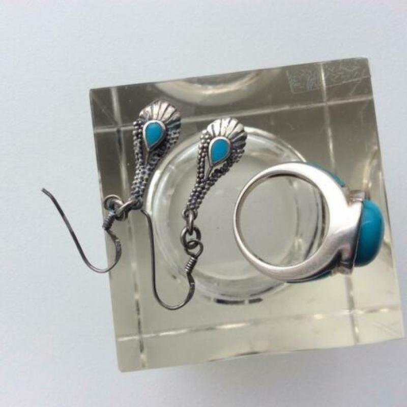 Turcoise ring met oorbellen zilver