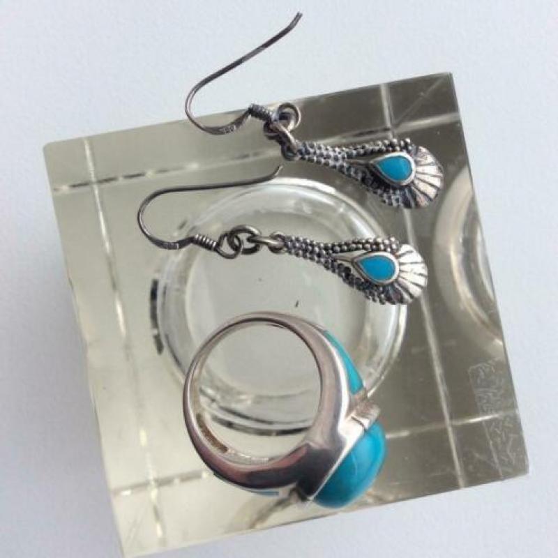 Turcoise ring met oorbellen zilver
