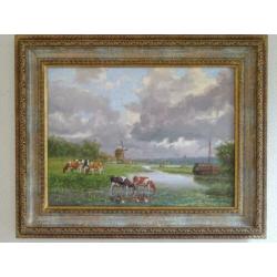 Mooi schilderij koeien aan het water met molen A.J. Temming.