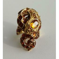 Grote slang ring bruin emaille verguld goud vintage no retro