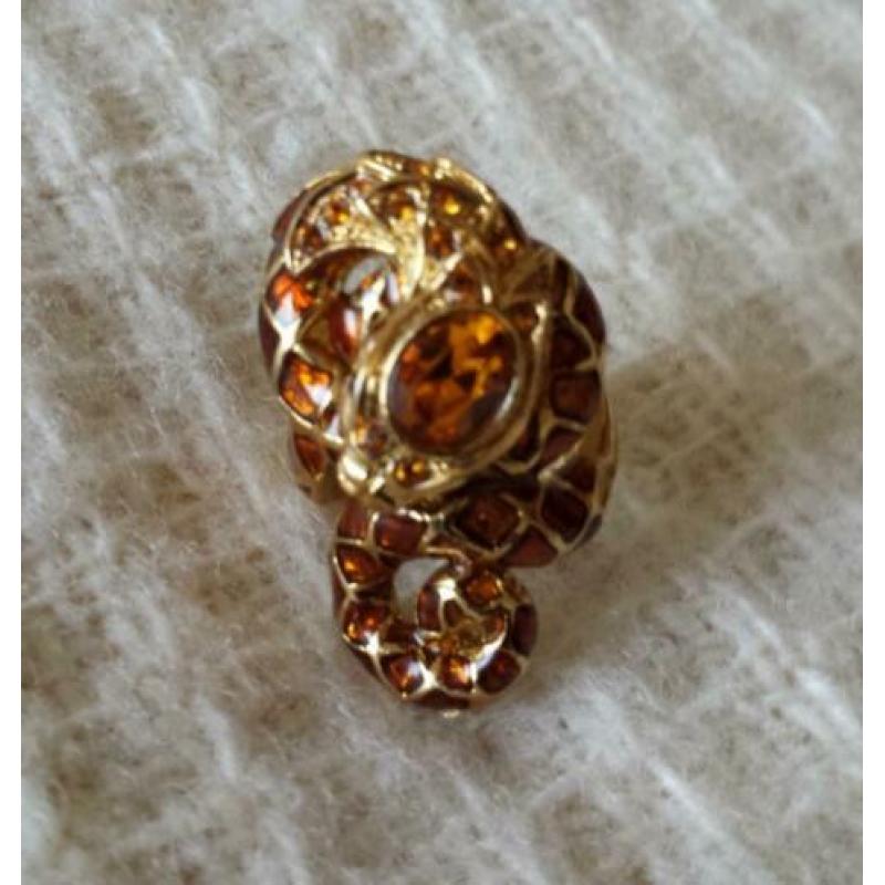 Grote slang ring bruin emaille verguld goud vintage no retro