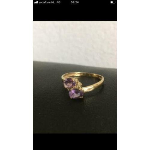 Mooie NIEUWE 9 krt gouden ring met 2 facet geslepen amethist
