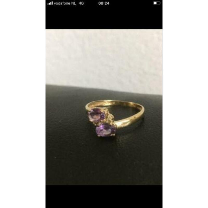 Mooie NIEUWE 9 krt gouden ring met 2 facet geslepen amethist