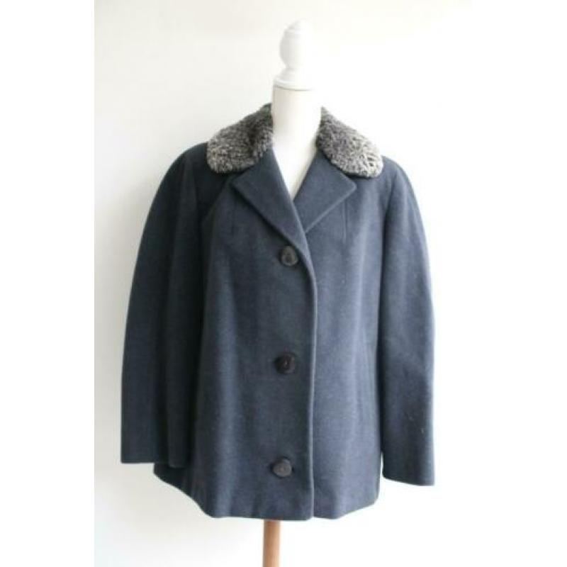 Vintage jas wol donkerblauw wollen lang bont winterjas 42 44