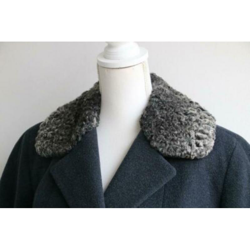 Vintage jas wol donkerblauw wollen lang bont winterjas 42 44
