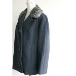 Vintage jas wol donkerblauw wollen lang bont winterjas 42 44