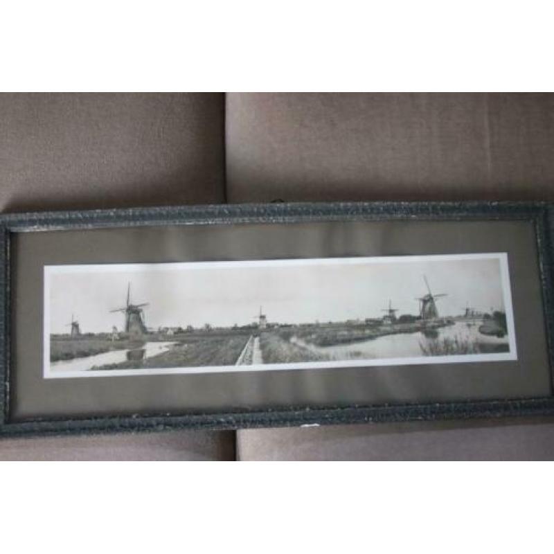Oude zwart wit panorama foto Kinderdijk molens.
