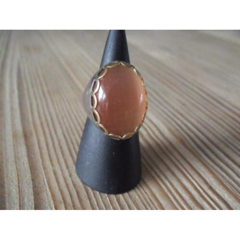 Ti Sento ring zilver met oranje kattenoog steen en goudkleur