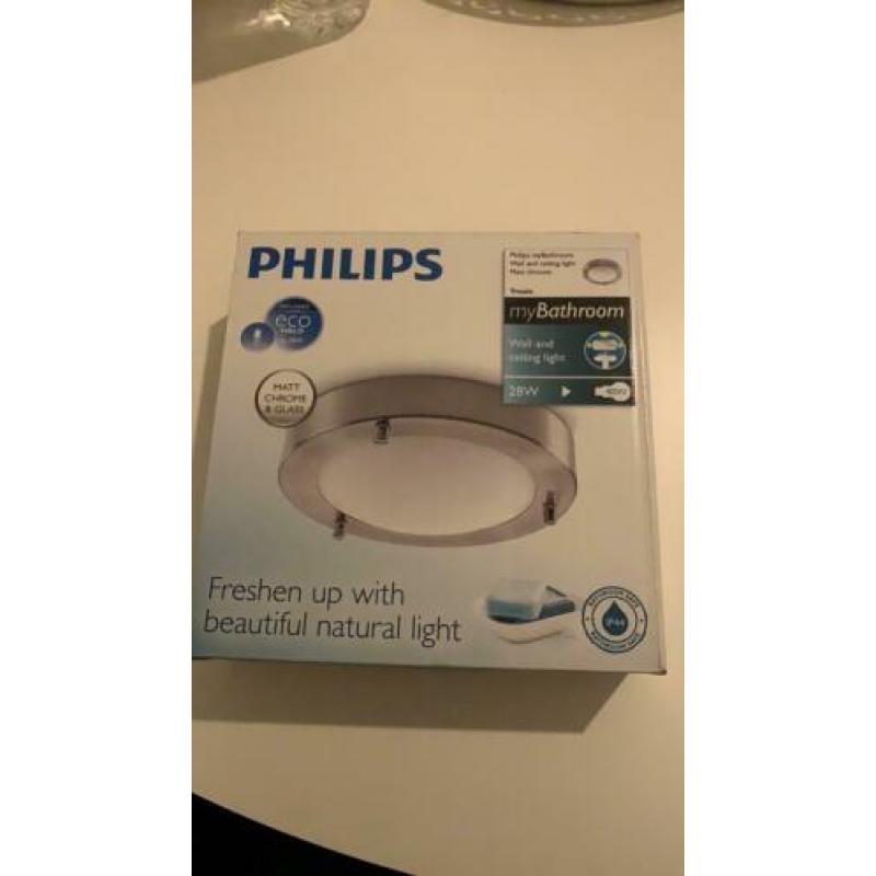 Philips plafond-/wandlamp, mat glas met chroom, nieuw + lamp