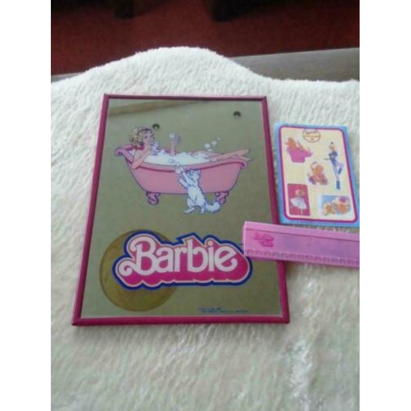 barbie spiegel 1986, barbieclub liniaal, boekenclub sticker