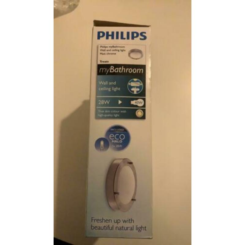 Philips plafond-/wandlamp, mat glas met chroom, nieuw + lamp