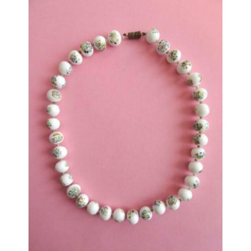 jwg Vintage 30s 50s glas kralen ketting wit spikkel gekleurd