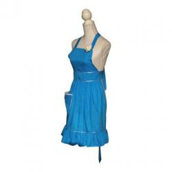 Vrouwelijk blauw vintage keukenschort met stipjes (schort).