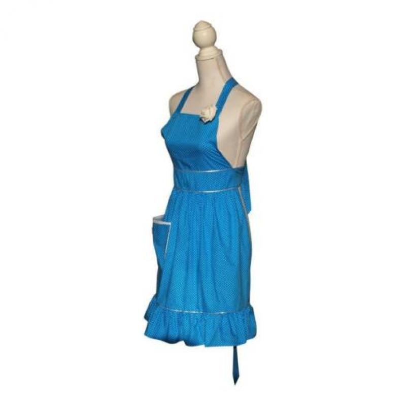 Vrouwelijk blauw vintage keukenschort met stipjes (schort).