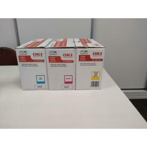 3 OKI drums p/n 43870021-23, 2 OKI toners p/n 43865722-23