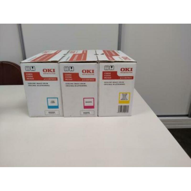 3 OKI drums p/n 43870021-23, 2 OKI toners p/n 43865722-23