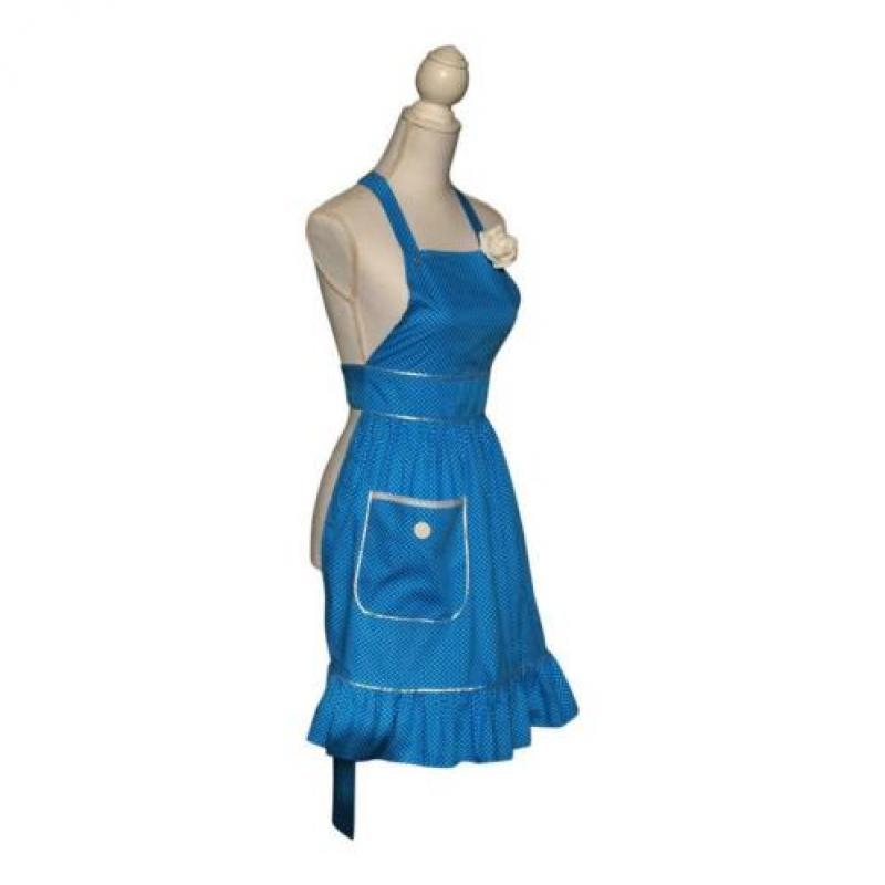 Vrouwelijk blauw vintage keukenschort met stipjes (schort).