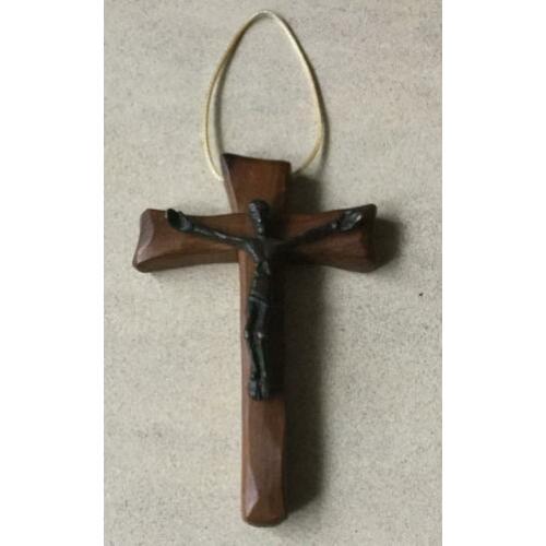 Miniatuur crucifix brons op olijfhout gesigneerd G.Moulié