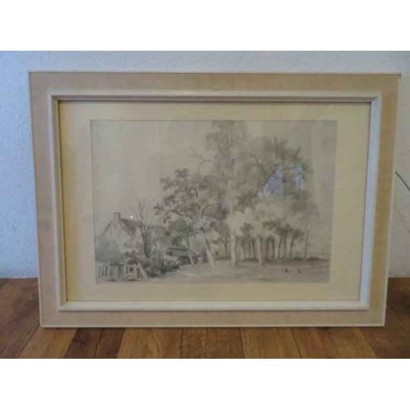 Schilderij bomen en boerderij; in potlood met aquarel.