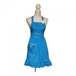 Vrouwelijk blauw vintage keukenschort met stipjes (schort).