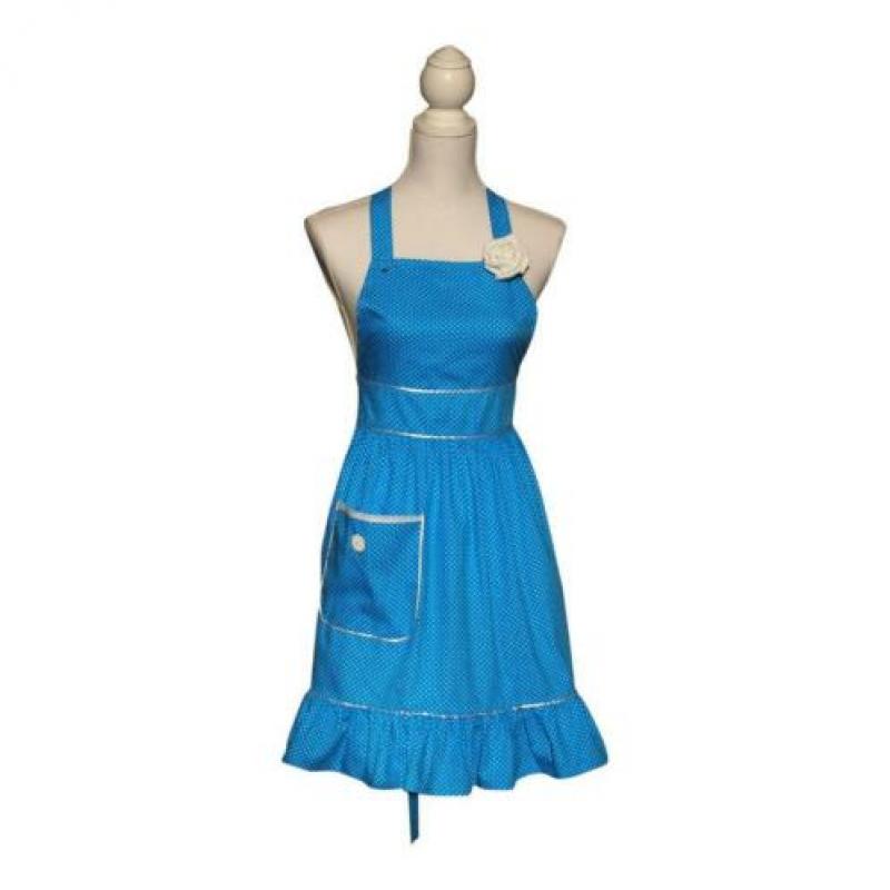 Vrouwelijk blauw vintage keukenschort met stipjes (schort).