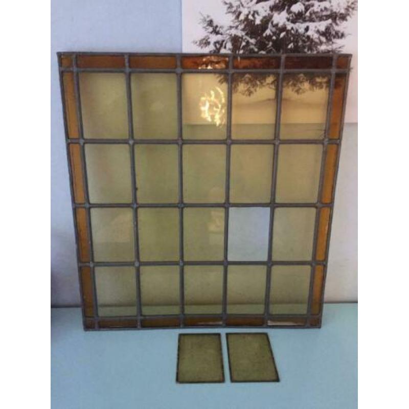 Mooi groot oud antiek glas in lood raam (Code: K )