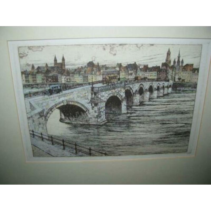 Han Jelinger (1895-1961), kleuren ets, gezicht op Maastricht