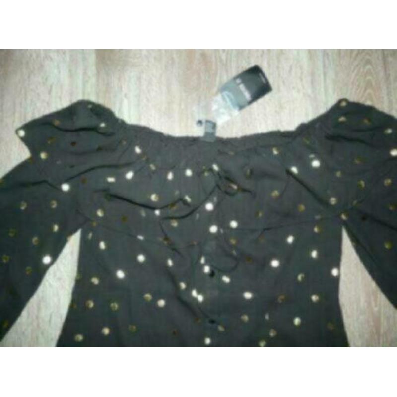 off shoulder zwart goud roezel stippen jurk Forever 21 L 42