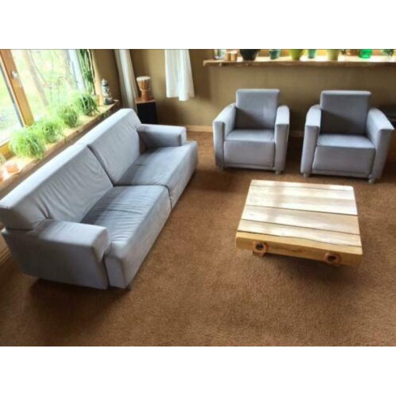 Modern bankstel 3 zitbank + 2 fauteuils licht blauw velours