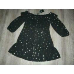 off shoulder zwart goud roezel stippen jurk Forever 21 L 42