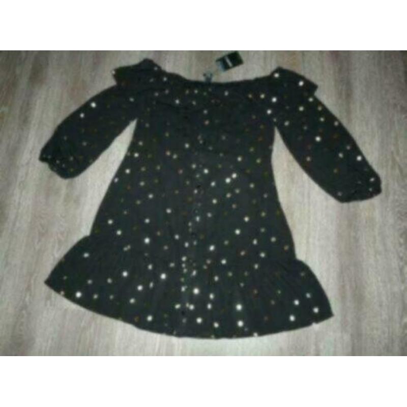 off shoulder zwart goud roezel stippen jurk Forever 21 L 42