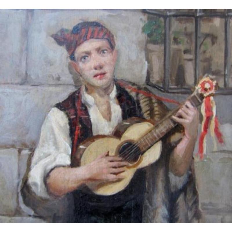 =ca 1900===mandoline spelende jongen=ITALIAANS==gesigneerd=