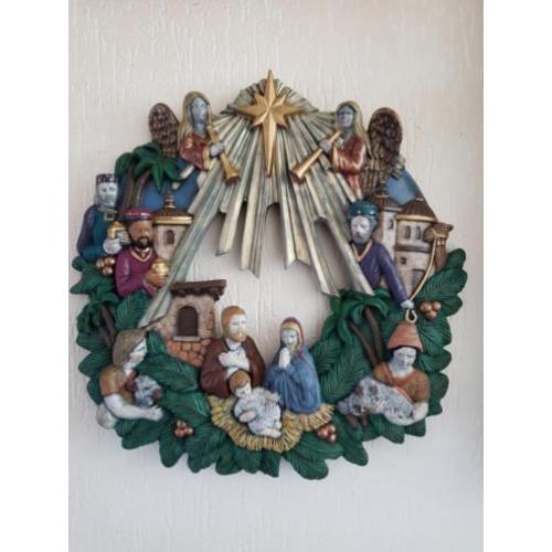 Unieke stenen kerststal / kerstkrans . Gesigneerd
