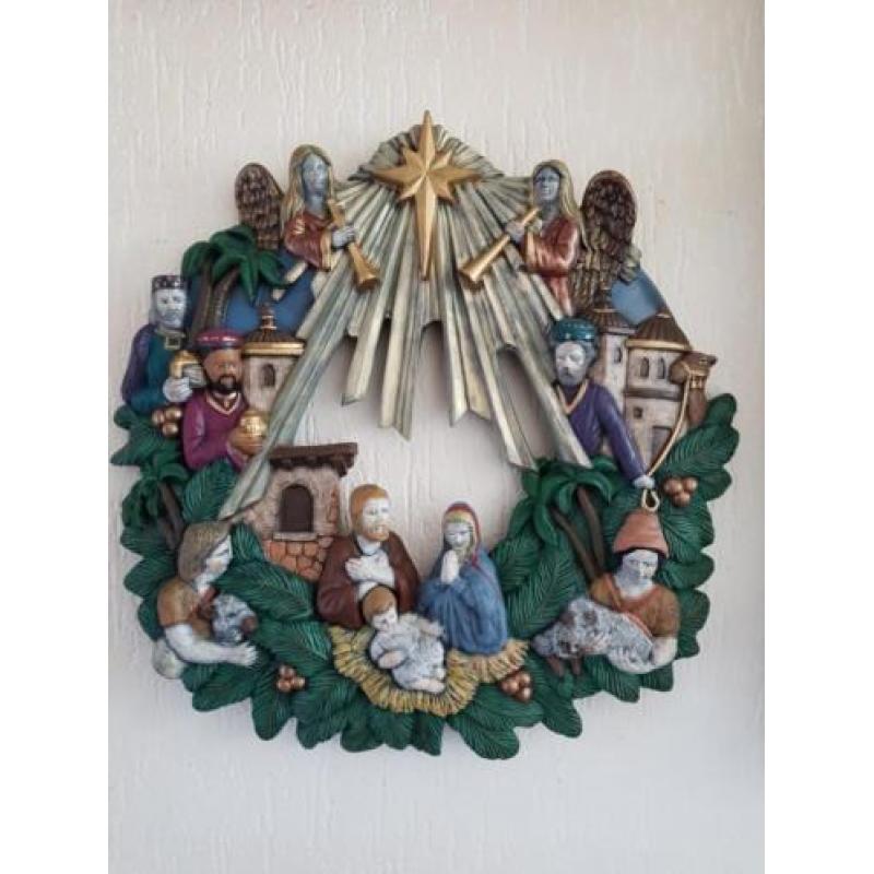 Unieke stenen kerststal / kerstkrans . Gesigneerd