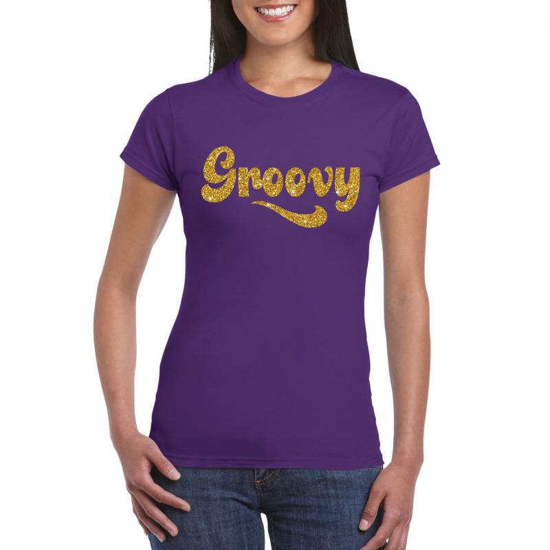 Toppers - Paars Flower Power t-shirt Groovy met gouden letters dames