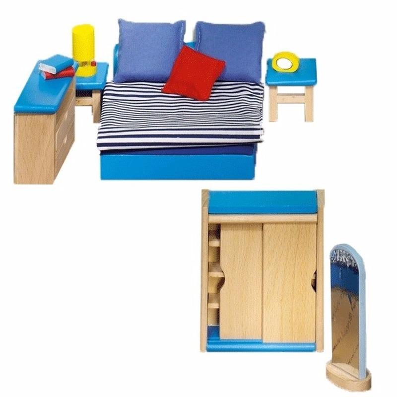 Poppen Goki speelgoed Poppenhuismeubeltjes moderne slaapkamer van hout