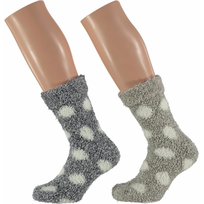 Apollo Grijze en beige dames huissokken met stippen 2 paar Sokken en Panty's
