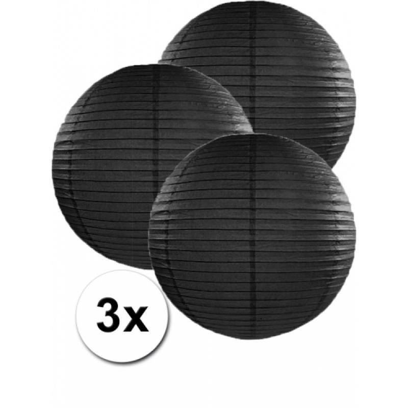 Feestartikelen diversen Geen Voordeelverpakking met 3x zwarte lampionnen 35 cm